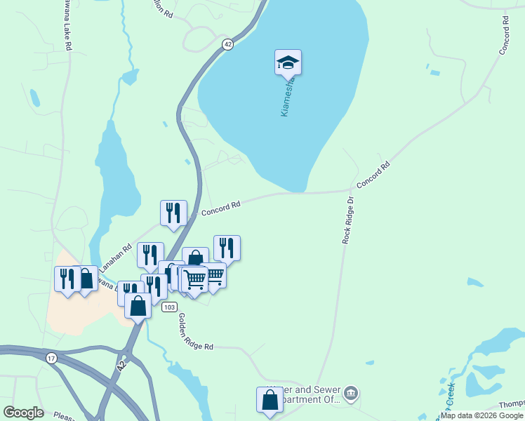 map of restaurants, bars, coffee shops, grocery stores, and more near 42 Concord Road in Monticello