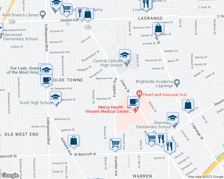 map of restaurants, bars, coffee shops, grocery stores, and more near 2473 Franklin Avenue in Toledo