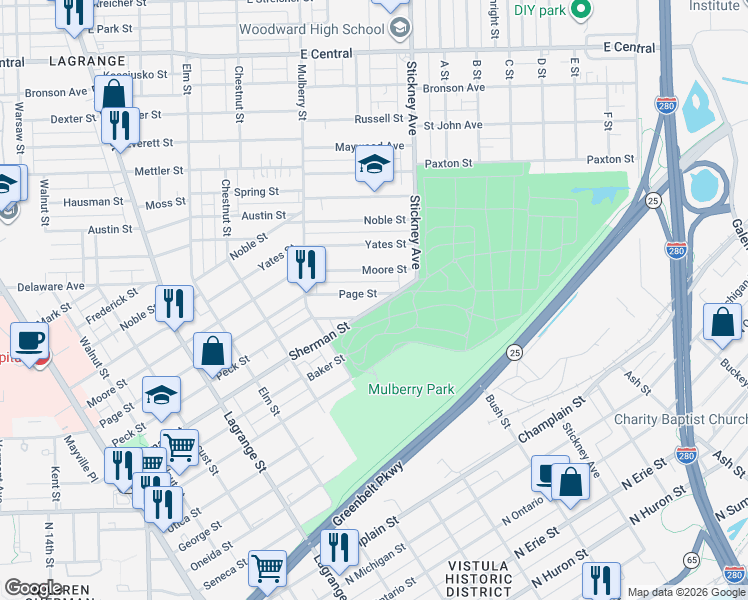map of restaurants, bars, coffee shops, grocery stores, and more near 1431 Page Street in Toledo