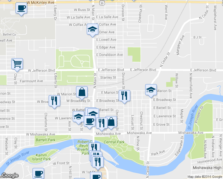 map of restaurants, bars, coffee shops, grocery stores, and more near 222 East Marion Street in Mishawaka