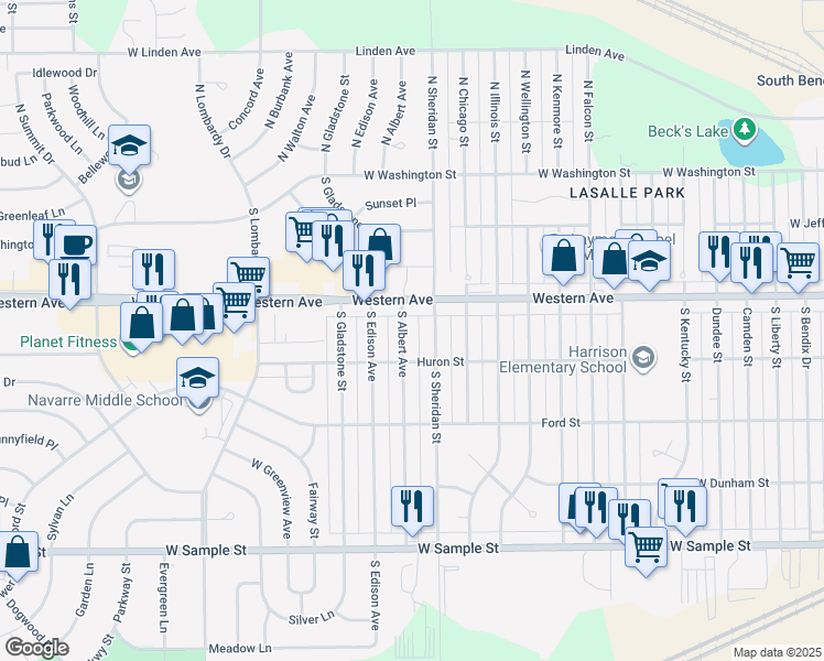 map of restaurants, bars, coffee shops, grocery stores, and more near 4014 West Western Avenue in South Bend