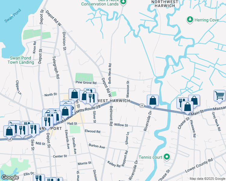 map of restaurants, bars, coffee shops, grocery stores, and more near 15 Bells Neck Road in Harwich