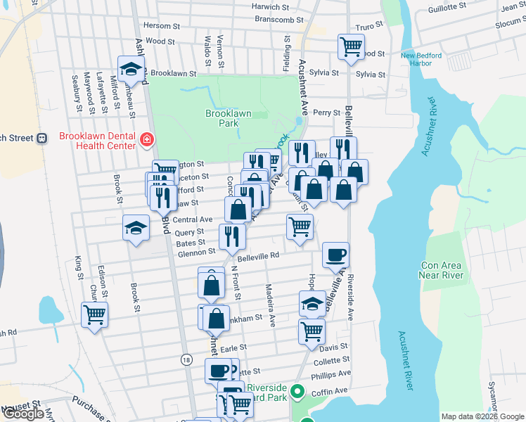 map of restaurants, bars, coffee shops, grocery stores, and more near 1851-1857 Acushnet Avenue in New Bedford