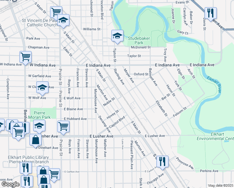 map of restaurants, bars, coffee shops, grocery stores, and more near 1622 S Main St in Elkhart