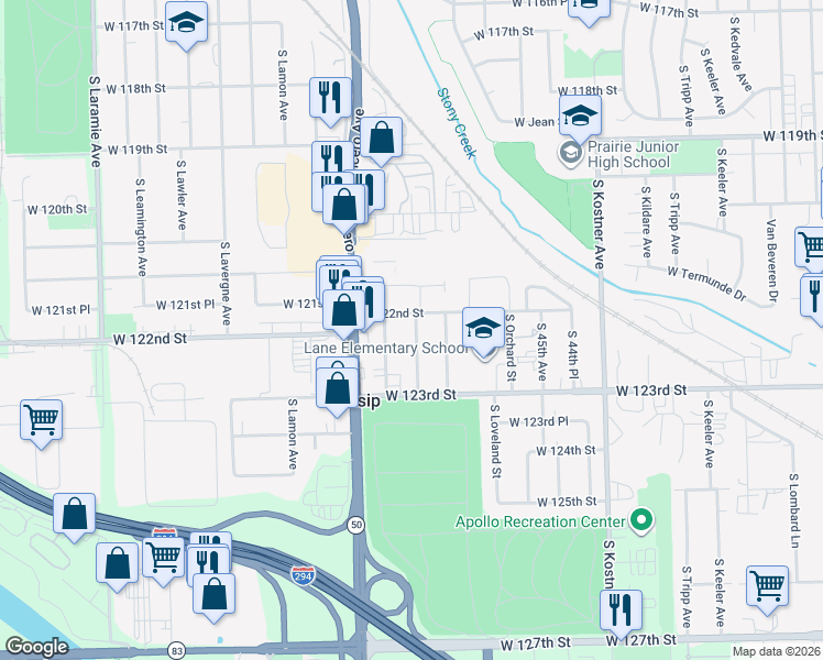 map of restaurants, bars, coffee shops, grocery stores, and more near 12159 South McDaniels Court in Alsip