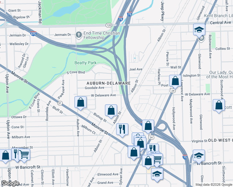 map of restaurants, bars, coffee shops, grocery stores, and more near 1246 West Delaware Avenue in Toledo