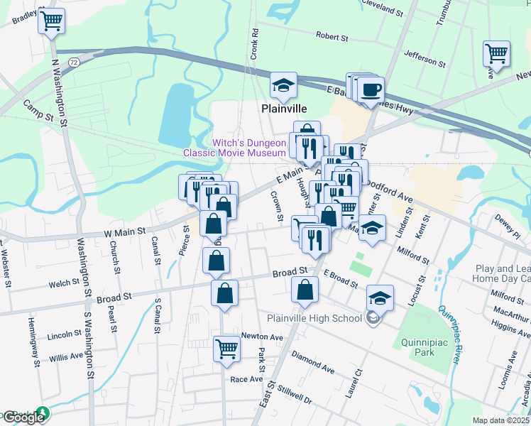 map of restaurants, bars, coffee shops, grocery stores, and more near 45 Maple Street in Plainville