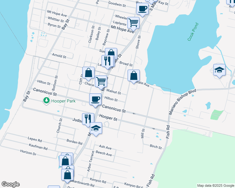map of restaurants, bars, coffee shops, grocery stores, and more near 42 Clement Street in Tiverton