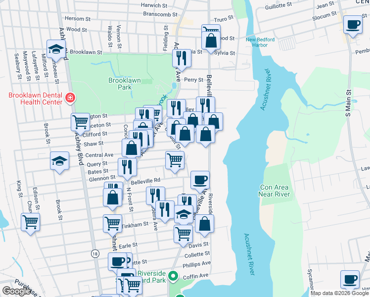 map of restaurants, bars, coffee shops, grocery stores, and more near 60 Conduit Street in New Bedford