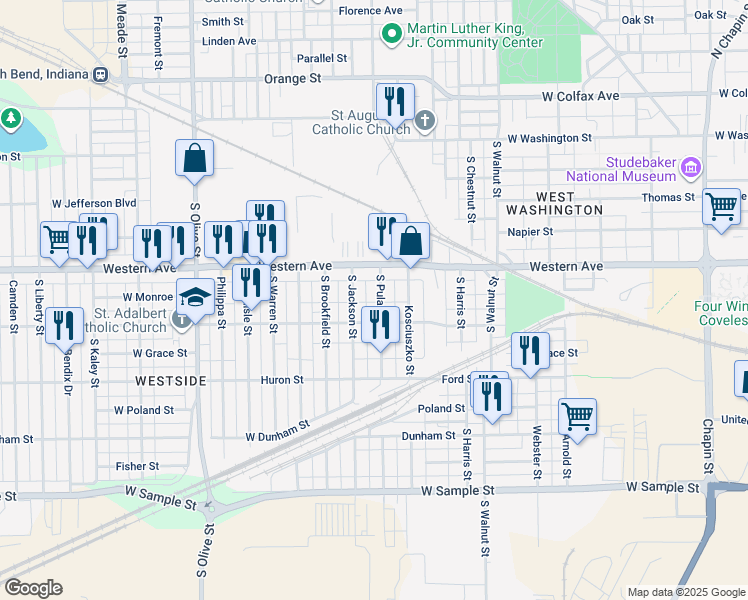 map of restaurants, bars, coffee shops, grocery stores, and more near 433 South Pulaski Street in South Bend