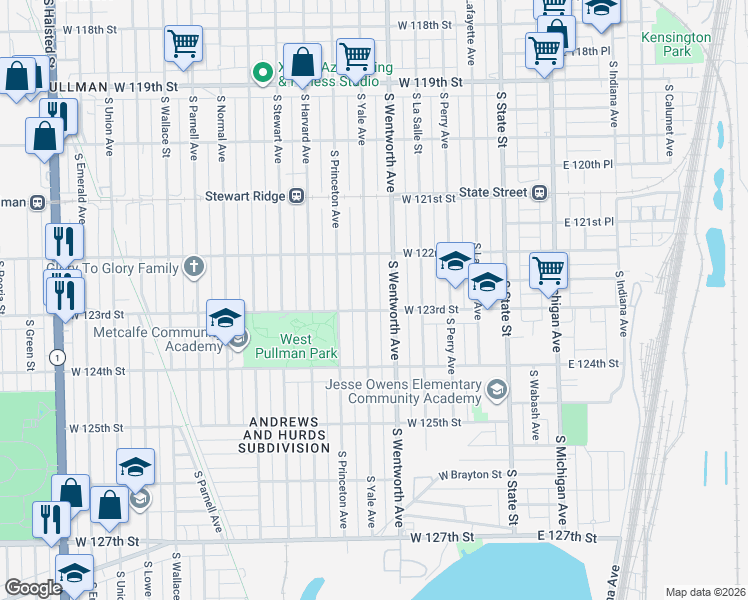 map of restaurants, bars, coffee shops, grocery stores, and more near 12251 South Yale Avenue in Chicago