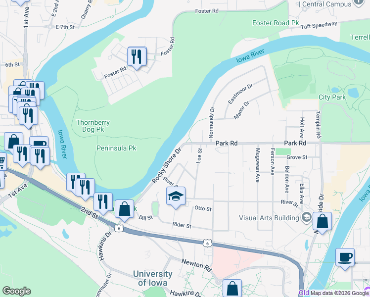 map of restaurants, bars, coffee shops, grocery stores, and more near 225-499 Rocky Shore Dr in Iowa City