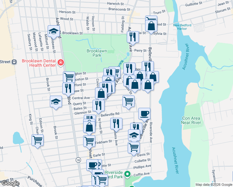 map of restaurants, bars, coffee shops, grocery stores, and more near 103 Shaw Street in New Bedford