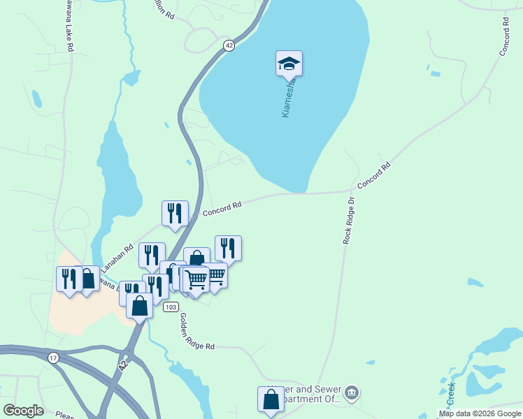map of restaurants, bars, coffee shops, grocery stores, and more near 42 Concord Road in Monticello