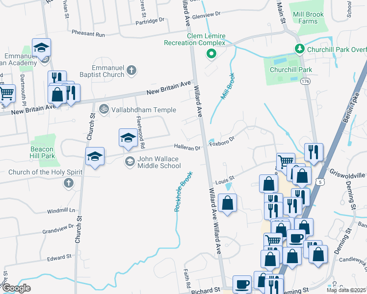 map of restaurants, bars, coffee shops, grocery stores, and more near 71 Halleran Drive in Newington