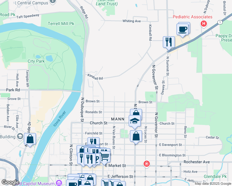 map of restaurants, bars, coffee shops, grocery stores, and more near 800 North Van Buren Street in Iowa City