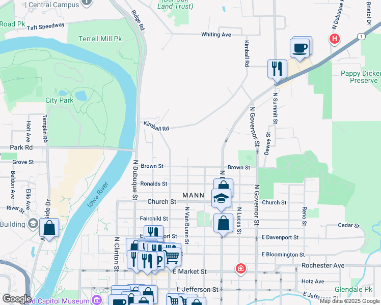 map of restaurants, bars, coffee shops, grocery stores, and more near 800 North Van Buren Street in Iowa City
