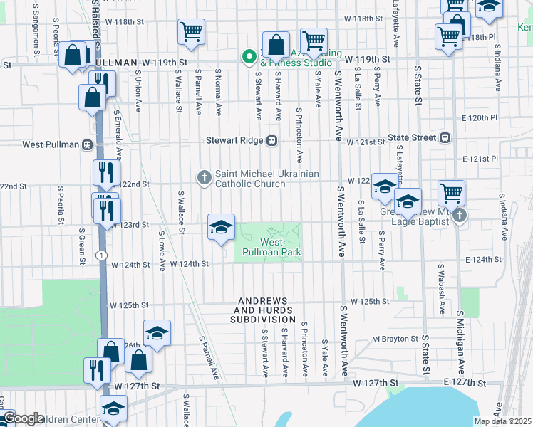 map of restaurants, bars, coffee shops, grocery stores, and more near 12247 South Stewart Avenue in Chicago