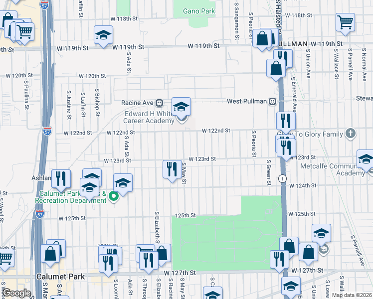 map of restaurants, bars, coffee shops, grocery stores, and more near 12241 South May Street in Chicago