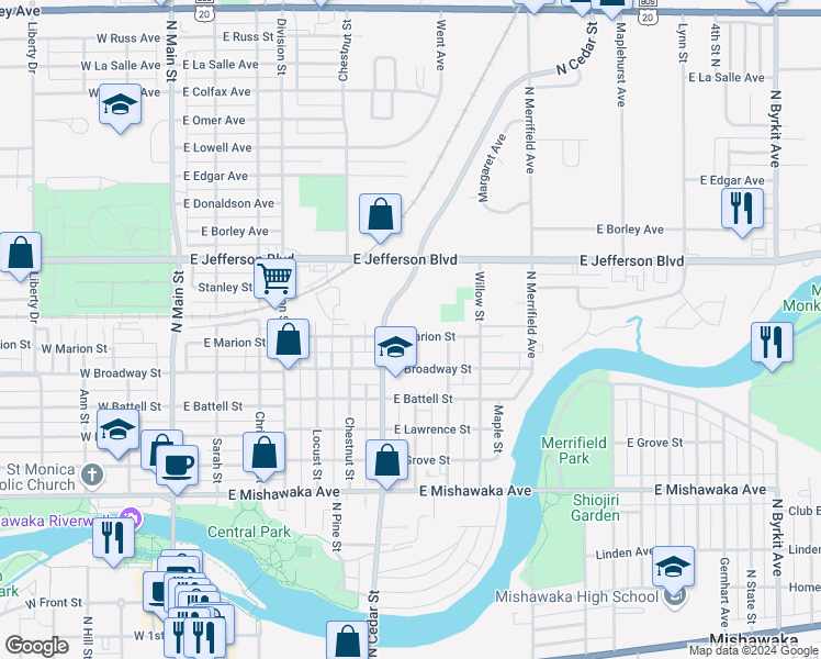map of restaurants, bars, coffee shops, grocery stores, and more near 724 East Marion Street in Mishawaka