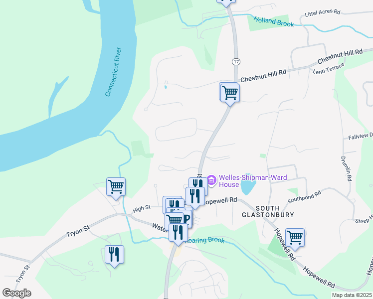 map of restaurants, bars, coffee shops, grocery stores, and more near 30 Southgate Drive in Glastonbury
