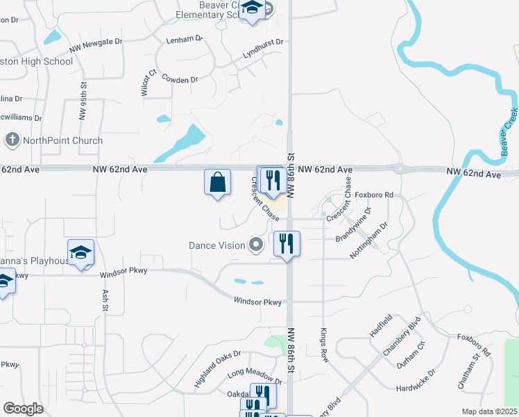 map of restaurants, bars, coffee shops, grocery stores, and more near 6110 Northwest 86th Street in Johnston