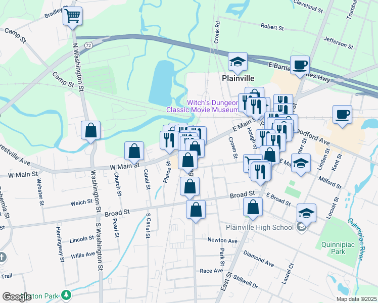 map of restaurants, bars, coffee shops, grocery stores, and more near 1 Central Square in Plainville