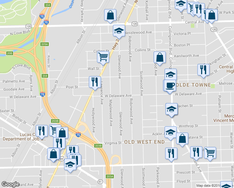 map of restaurants, bars, coffee shops, grocery stores, and more near 2503 Glenwood Avenue in Toledo