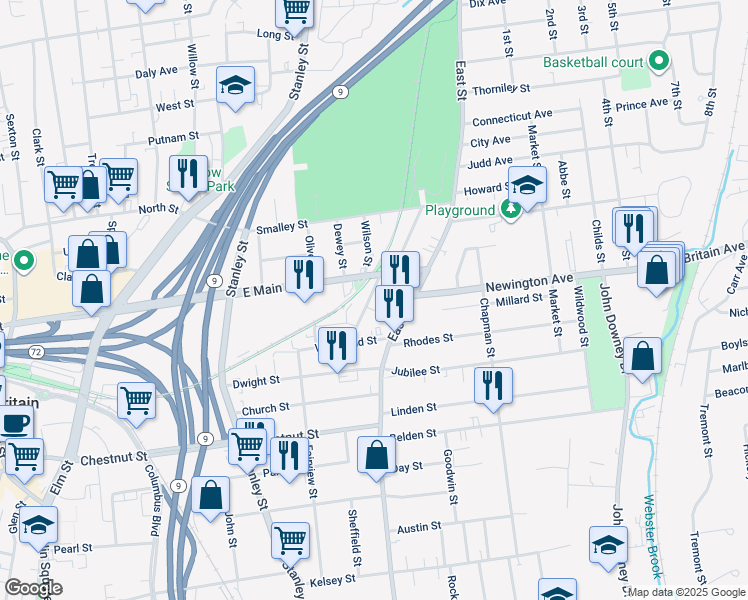 map of restaurants, bars, coffee shops, grocery stores, and more near 55 Harvard Street in New Britain