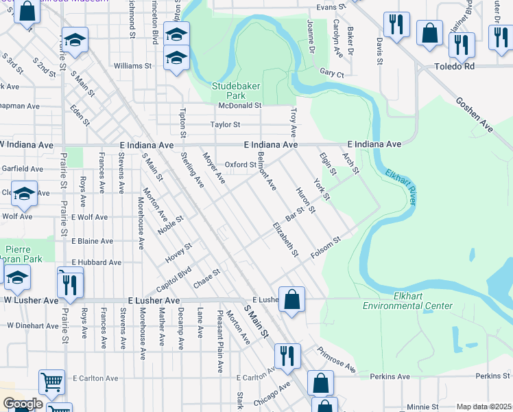 map of restaurants, bars, coffee shops, grocery stores, and more near 1630 Elizabeth Street in Elkhart