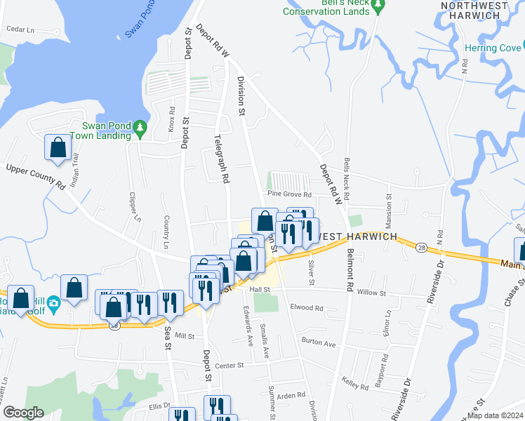 map of restaurants, bars, coffee shops, grocery stores, and more near 203 Division Street in Dennis