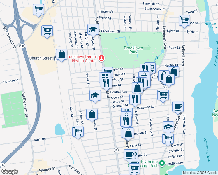 map of restaurants, bars, coffee shops, grocery stores, and more near 489 Ashley Boulevard in New Bedford
