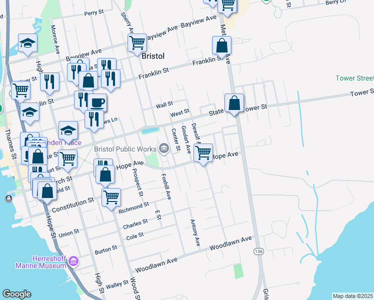 map of restaurants, bars, coffee shops, grocery stores, and more near 11 Goulart Avenue in Bristol