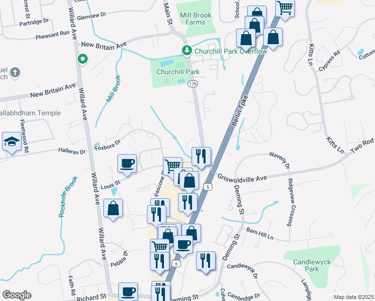map of restaurants, bars, coffee shops, grocery stores, and more near 2115 Main Street in Newington