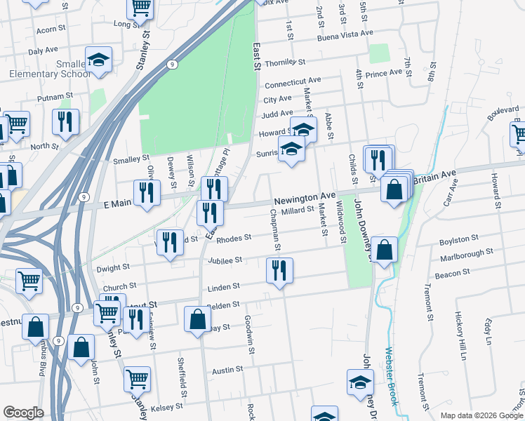 map of restaurants, bars, coffee shops, grocery stores, and more near 60 Newington Avenue in New Britain