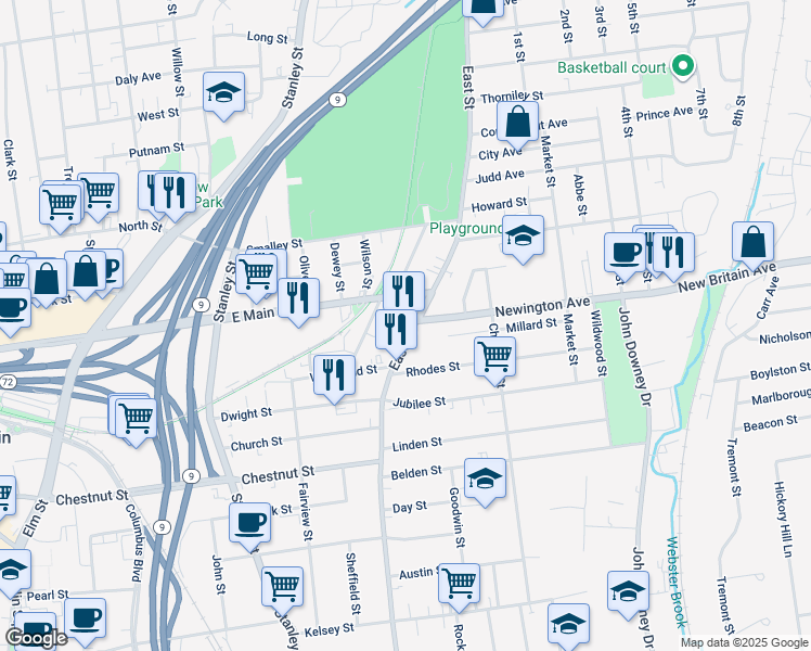 map of restaurants, bars, coffee shops, grocery stores, and more near 55 Harvard Street in New Britain