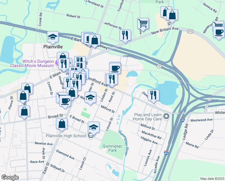 map of restaurants, bars, coffee shops, grocery stores, and more near 158 Woodford Avenue in Plainville