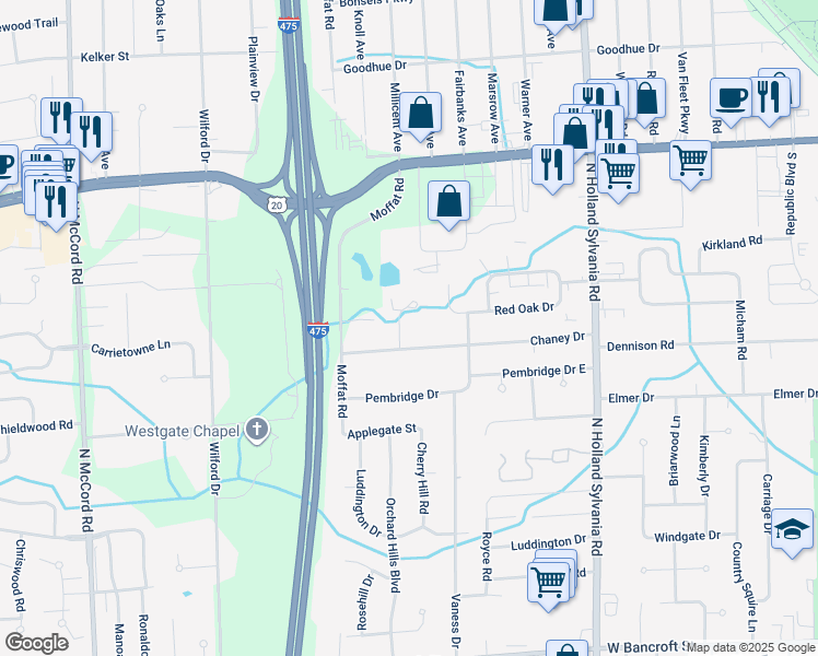 map of restaurants, bars, coffee shops, grocery stores, and more near 2774 Sweetbriar Court in Toledo