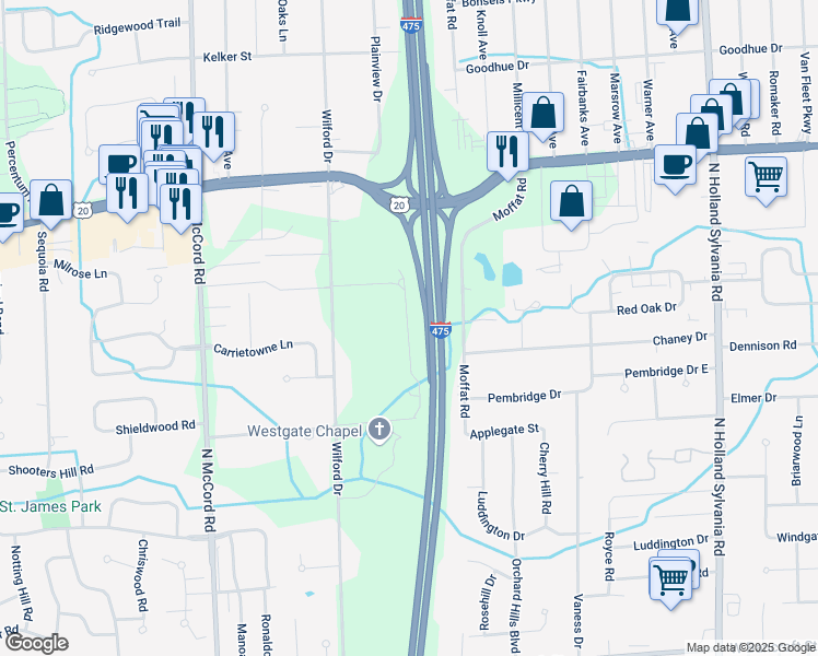 map of restaurants, bars, coffee shops, grocery stores, and more near 2804 Floex Drive in Toledo