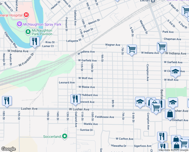 map of restaurants, bars, coffee shops, grocery stores, and more near 925 West Cleveland Avenue in Elkhart