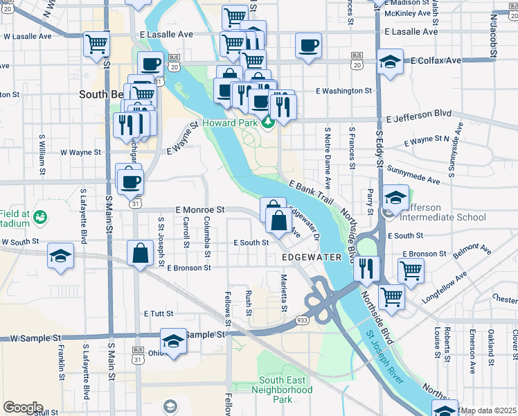 map of restaurants, bars, coffee shops, grocery stores, and more near 515 East Monroe Street in South Bend
