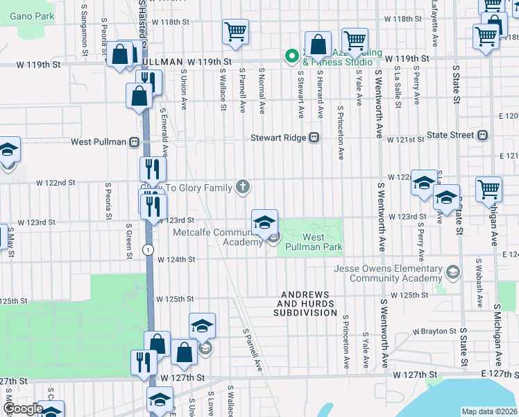map of restaurants, bars, coffee shops, grocery stores, and more near 12235 South Normal Avenue in Chicago