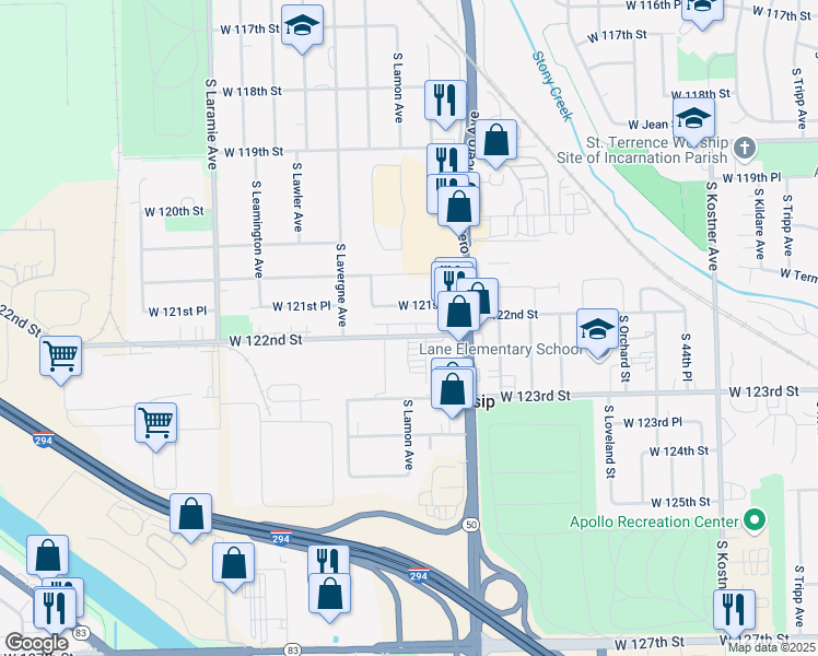 map of restaurants, bars, coffee shops, grocery stores, and more near 4835 West 121st Place in Chicago