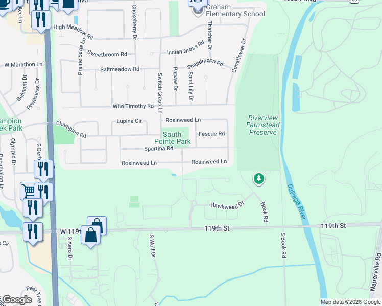 map of restaurants, bars, coffee shops, grocery stores, and more near 5511 Penncross Drive in Naperville