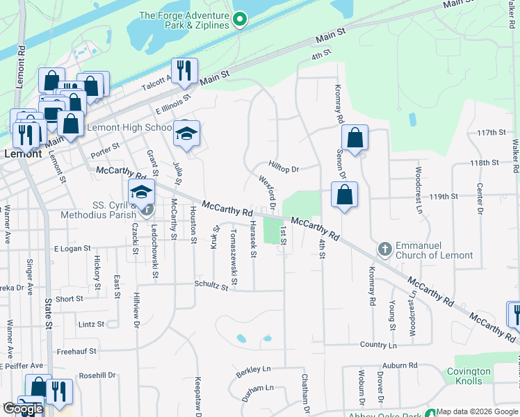 map of restaurants, bars, coffee shops, grocery stores, and more near 4 Lindsay Court in Lemont
