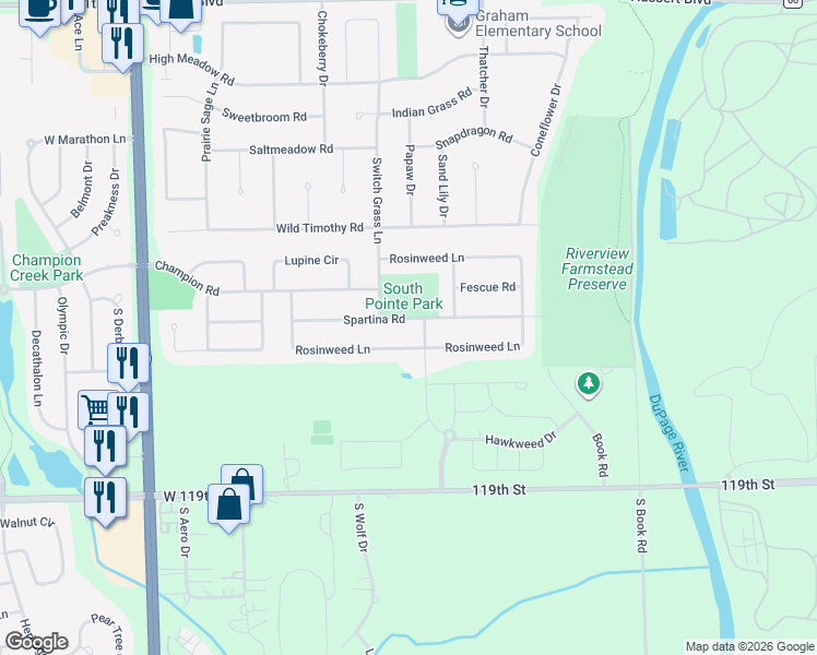 map of restaurants, bars, coffee shops, grocery stores, and more near 2408 Spartina Lane in Naperville