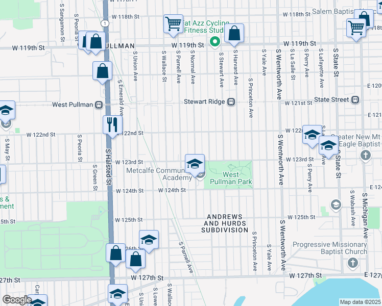 map of restaurants, bars, coffee shops, grocery stores, and more near 12235 South Normal Avenue in Chicago