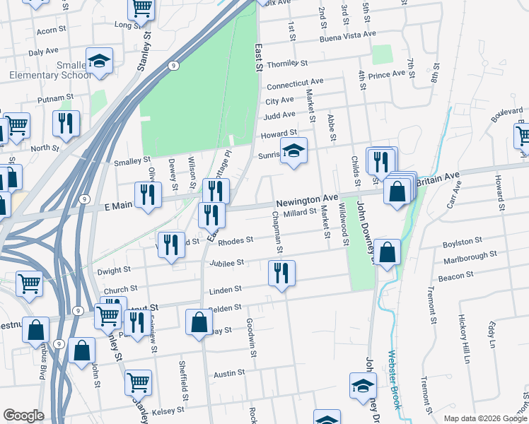 map of restaurants, bars, coffee shops, grocery stores, and more near 60 Newington Avenue in New Britain