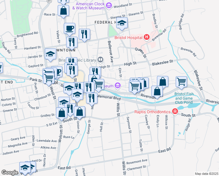 map of restaurants, bars, coffee shops, grocery stores, and more near 71 Riverside Avenue in Bristol