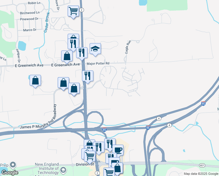 map of restaurants, bars, coffee shops, grocery stores, and more near Angelina Drive in East Greenwich